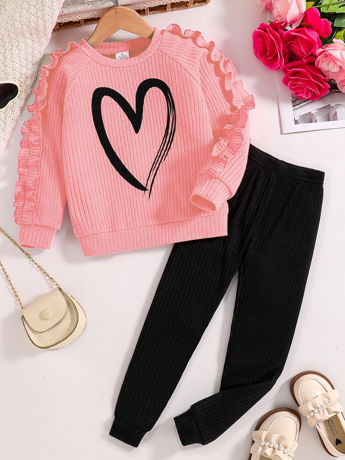 Girls Heart Print Knit Sweater & Leggings Set | Long Sleeve | Casual Outfit | Steven & Levon