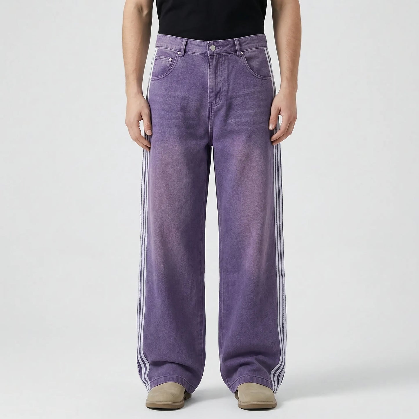 Strypovex - Baggy Wide Leg Denim Jeans With Side Stripes  Streetwear Everyday Looks