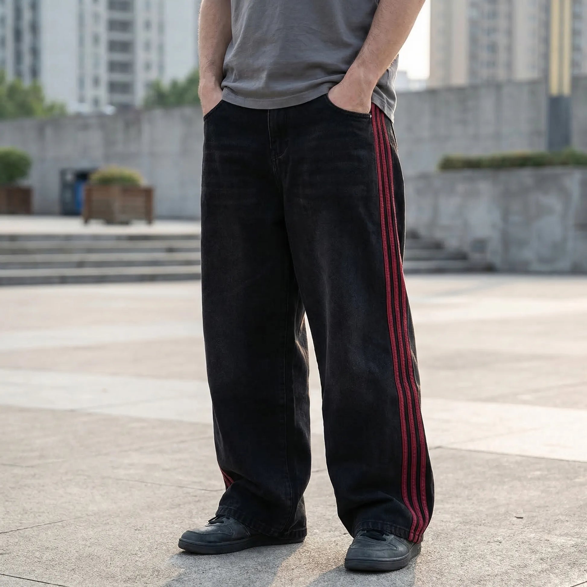 Strypovex - Baggy Wide Leg Denim Jeans With Side Stripes  Streetwear Everyday Looks