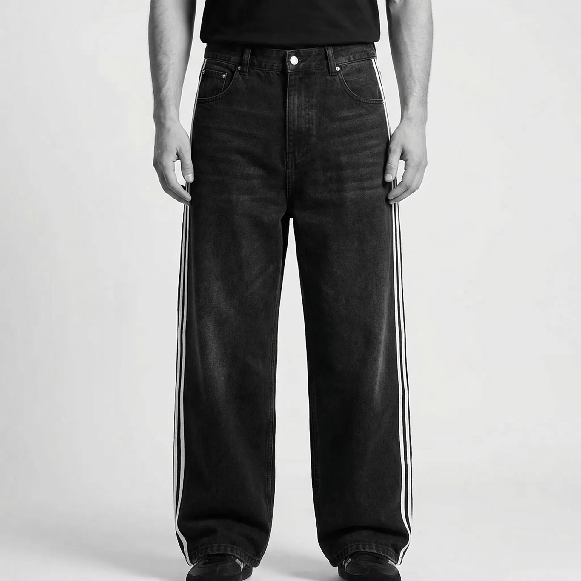 Strypovex - Baggy Wide Leg Denim Jeans With Side Stripes  Streetwear Everyday Looks
