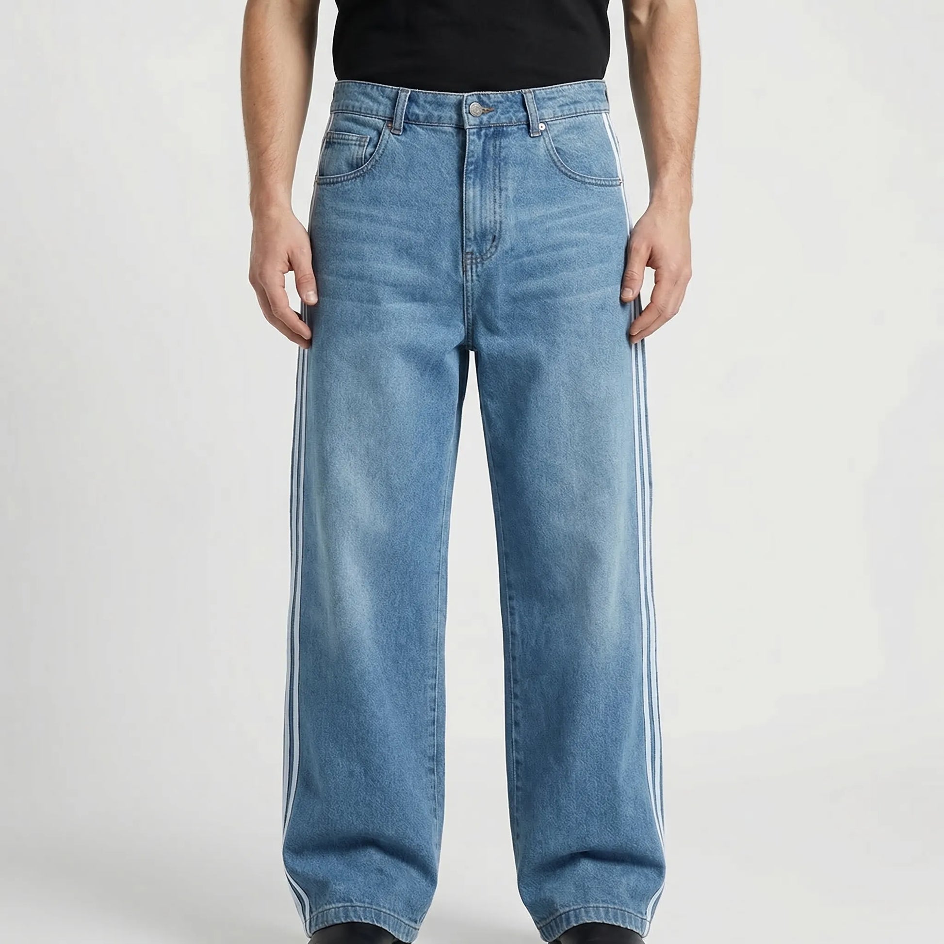 Strypovex - Baggy Wide Leg Denim Jeans With Side Stripes  Streetwear Everyday Looks