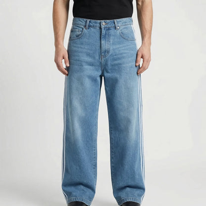 Strypovex - Baggy Wide Leg Denim Jeans With Side Stripes  Streetwear Everyday Looks