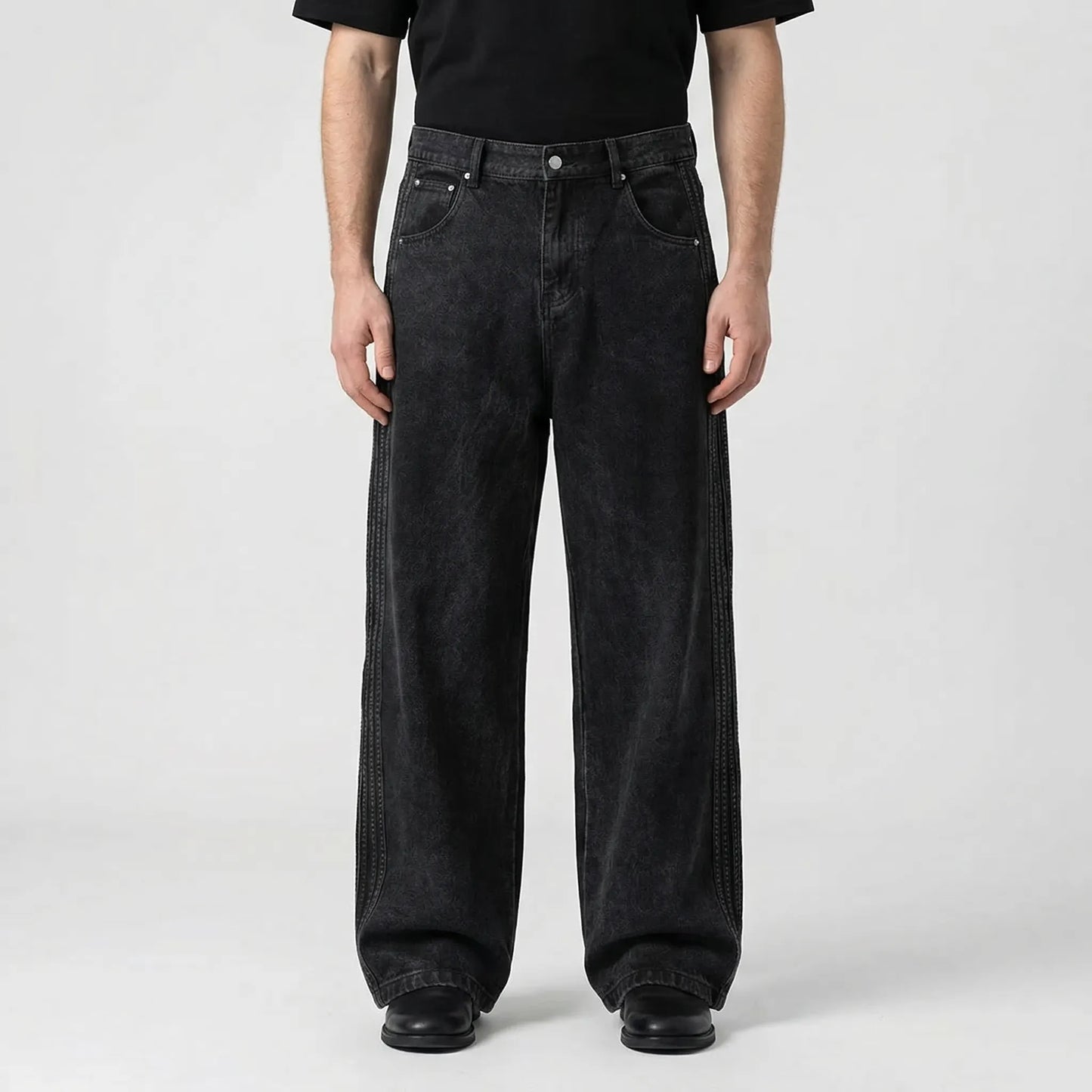 Strypovex - Baggy Wide Leg Denim Jeans With Side Stripes  Streetwear Everyday Looks