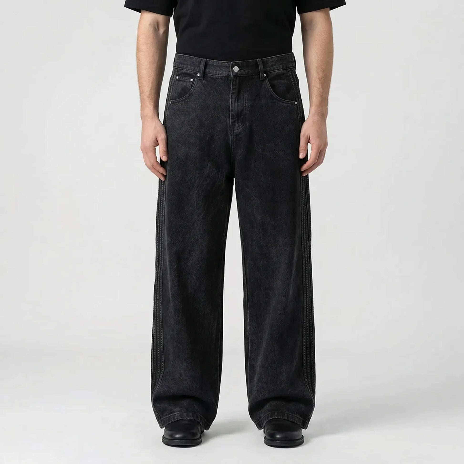 Strypovex - Baggy Wide Leg Denim Jeans With Side Stripes  Streetwear Everyday Looks