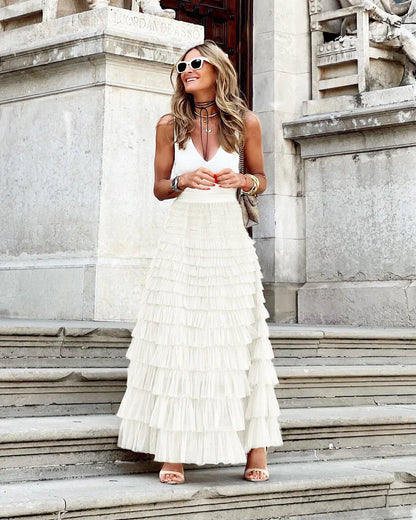 Tulle Maxi Skirt | Women | Layered Tulle | Elastic Waistband | Flowy A-Line Skirt | Steven & Levon