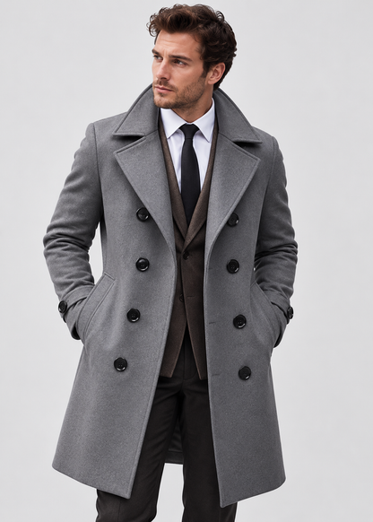 Wool Blend Double Breasted Long Trench | Men Peacoat | Business Casual | Steven & Levon