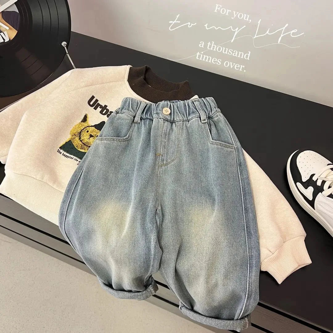 Kids Cartoon Patch Denim Jeans | Boys | Elastic Waist | Loose Fit | Casual Everyday Pants | Steven & Levon