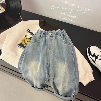 Kids Cartoon Patch Denim Jeans | Boys | Elastic Waist | Loose Fit | Casual Everyday Pants | Steven & Levon