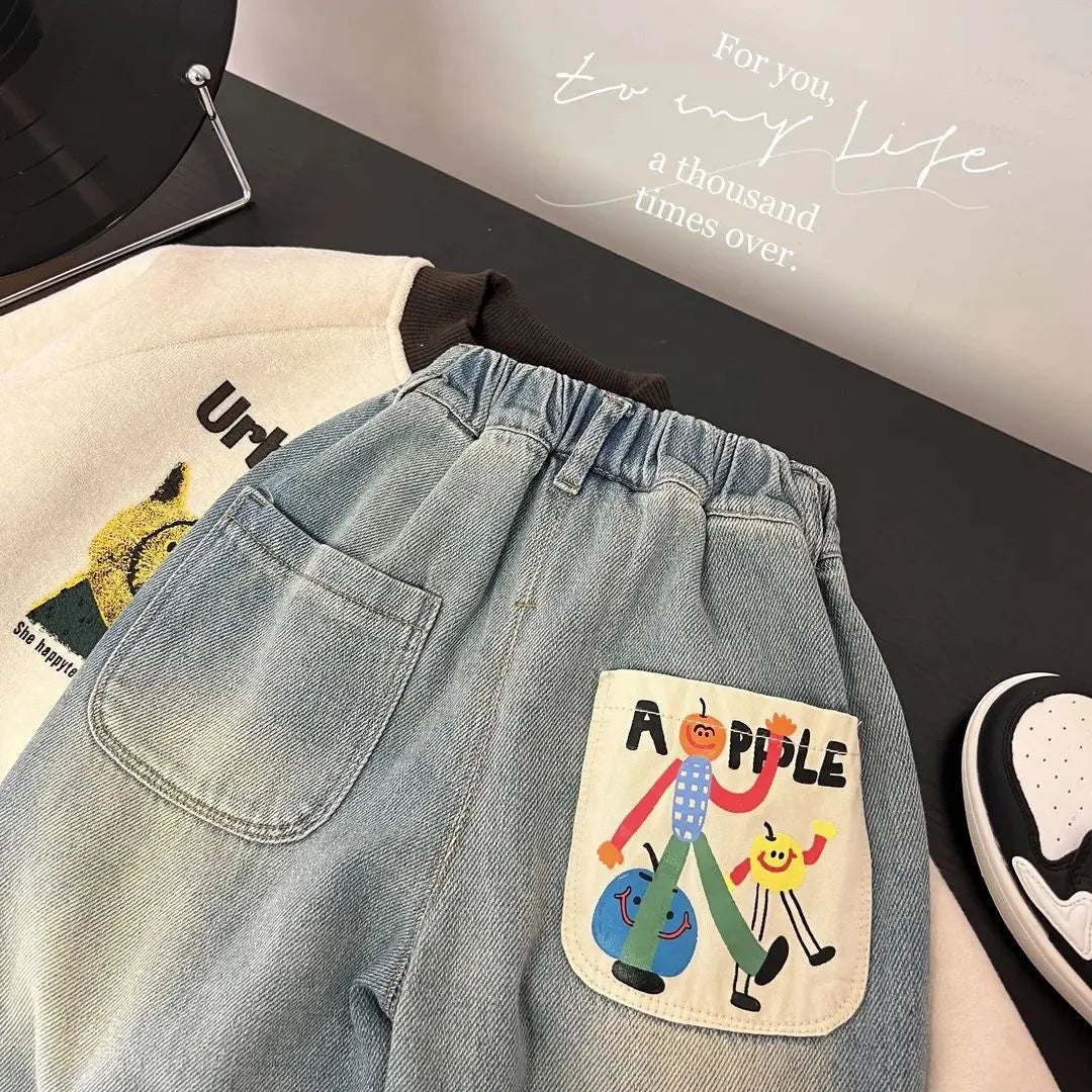 Kids Cartoon Patch Denim Jeans | Boys | Elastic Waist | Loose Fit | Casual Everyday Pants | Steven & Levon