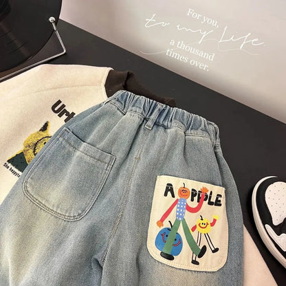Kids Cartoon Patch Denim Jeans | Boys | Elastic Waist | Loose Fit | Casual Everyday Pants | Steven & Levon