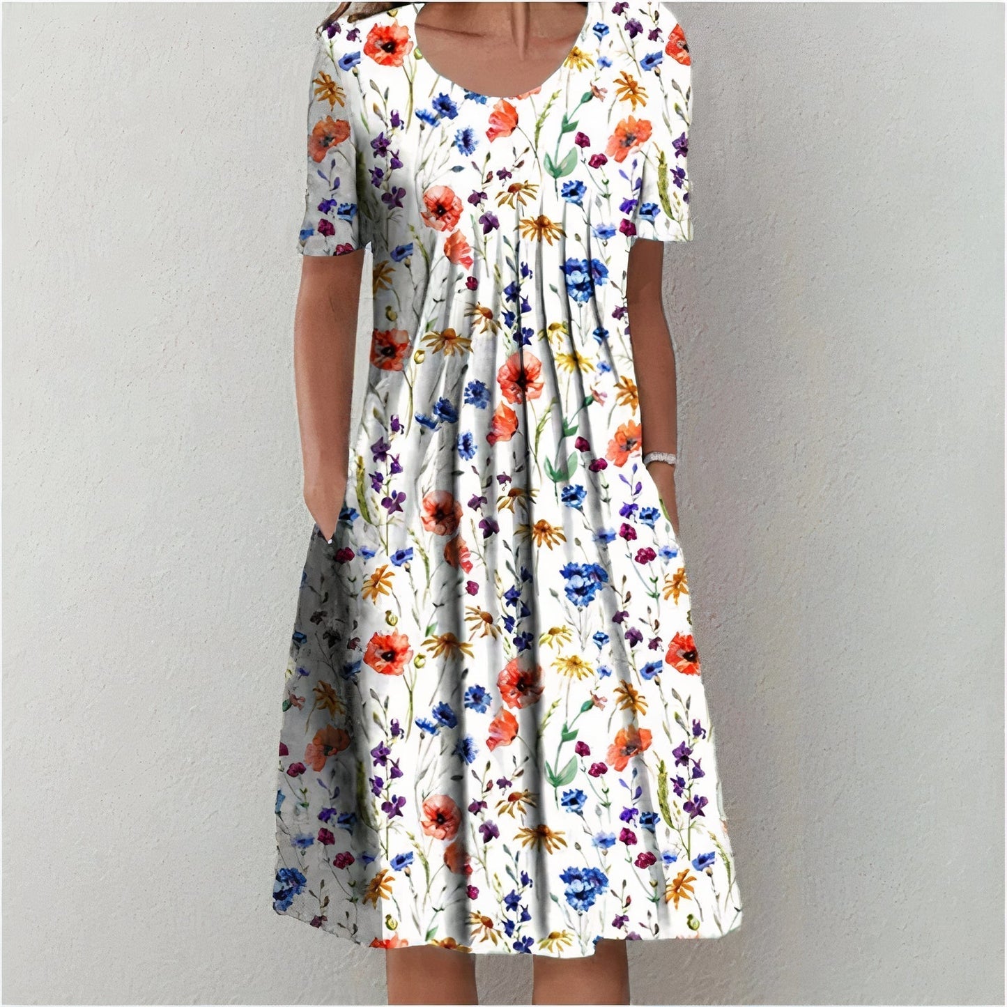 Summer Floral Midi Dress | Women | Lightweight Fabric | V-Neck Button Front Short Sleeve with Pockets | Steven & Levon