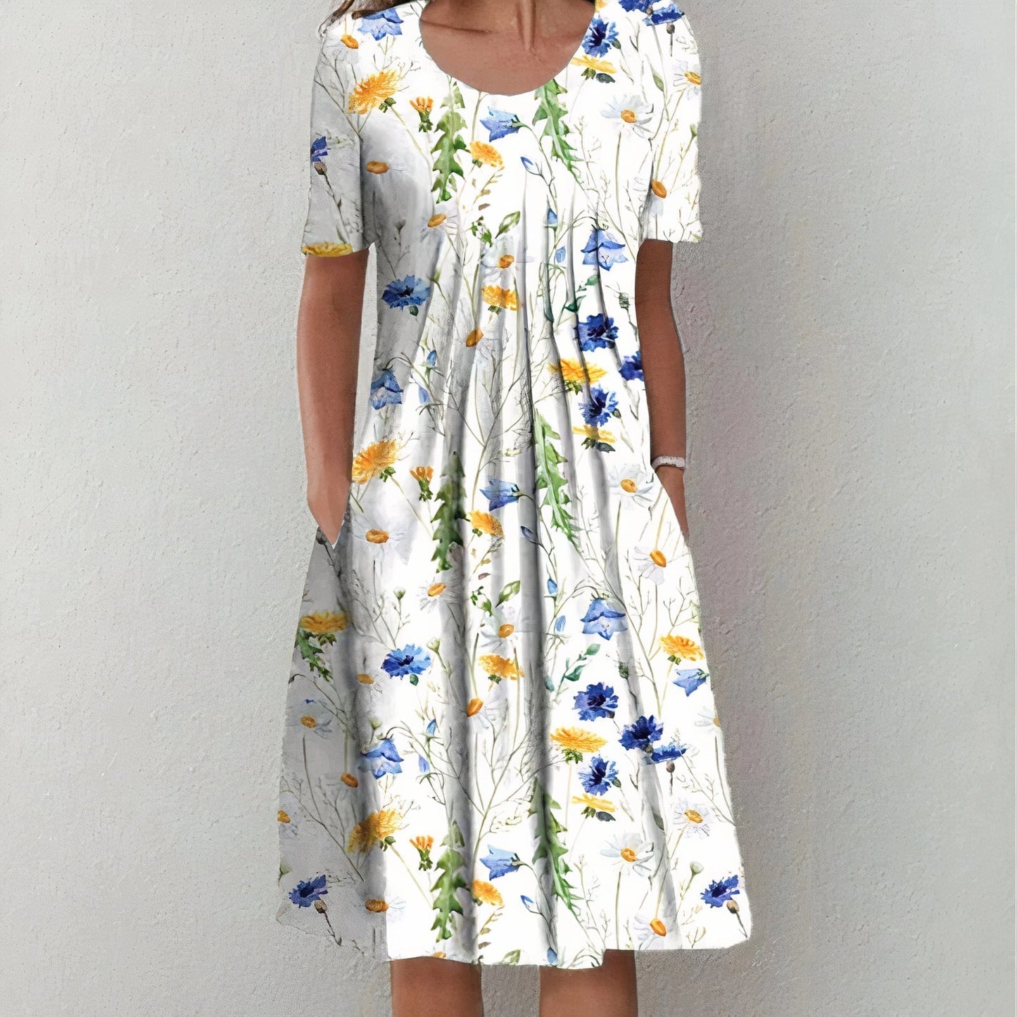 Summer Floral Midi Dress | Women | Lightweight Fabric | V-Neck Button Front Short Sleeve with Pockets | Steven & Levon