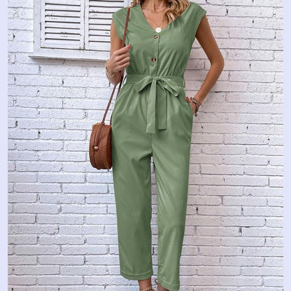 V Neck Jumpsuit | Women | Short Sleeve | Elegant Casual Style | Lightweight Fit | Steven & Levon