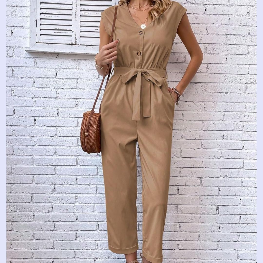 V Neck Jumpsuit | Women | Short Sleeve | Elegant Casual Style | Lightweight Fit | Steven & Levon