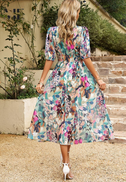 Floral Puff Sleeve Midi Dress | Women’s A-Line Occasion Dress | Steven & Levon