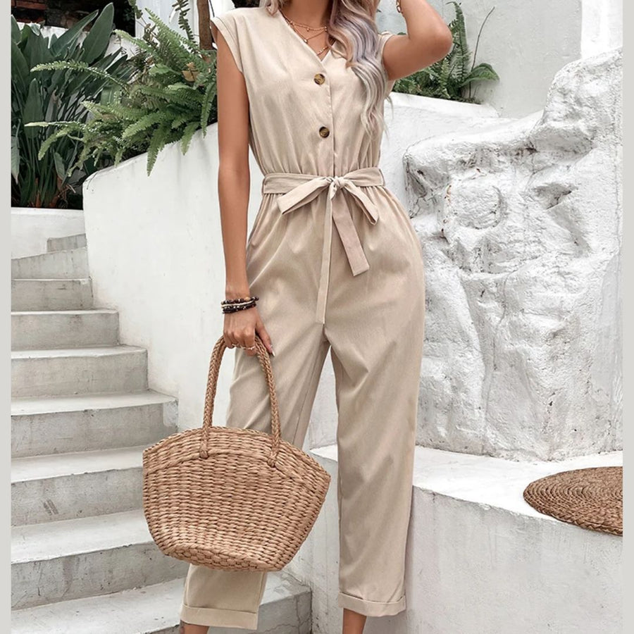V Neck Jumpsuit | Women | Short Sleeve | Elegant Casual Style | Lightweight Fit | Steven & Levon