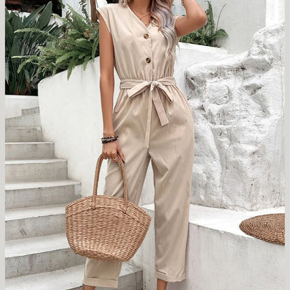 V Neck Jumpsuit | Women | Short Sleeve | Elegant Casual Style | Lightweight Fit | Steven & Levon