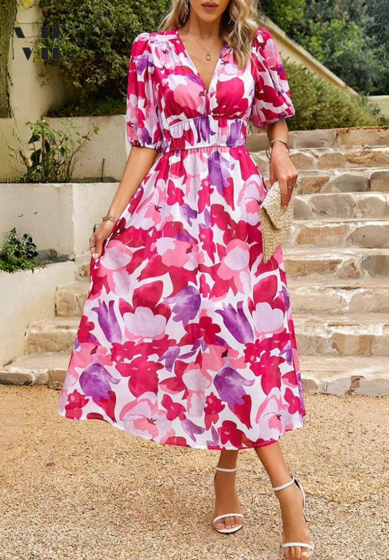 Floral Puff Sleeve Midi Dress | Women’s A-Line Occasion Dress | Steven & Levon