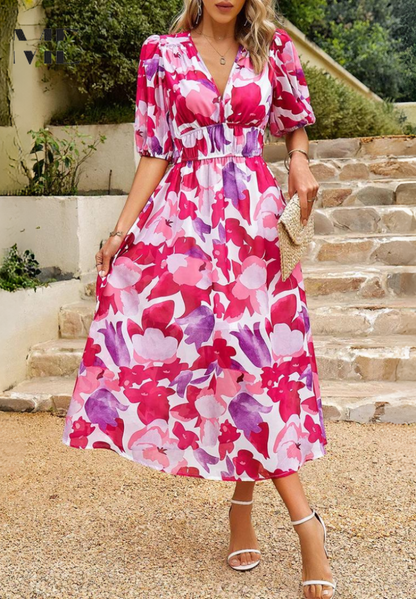 Floral Puff Sleeve Midi Dress | Women’s A-Line Occasion Dress | Steven & Levon