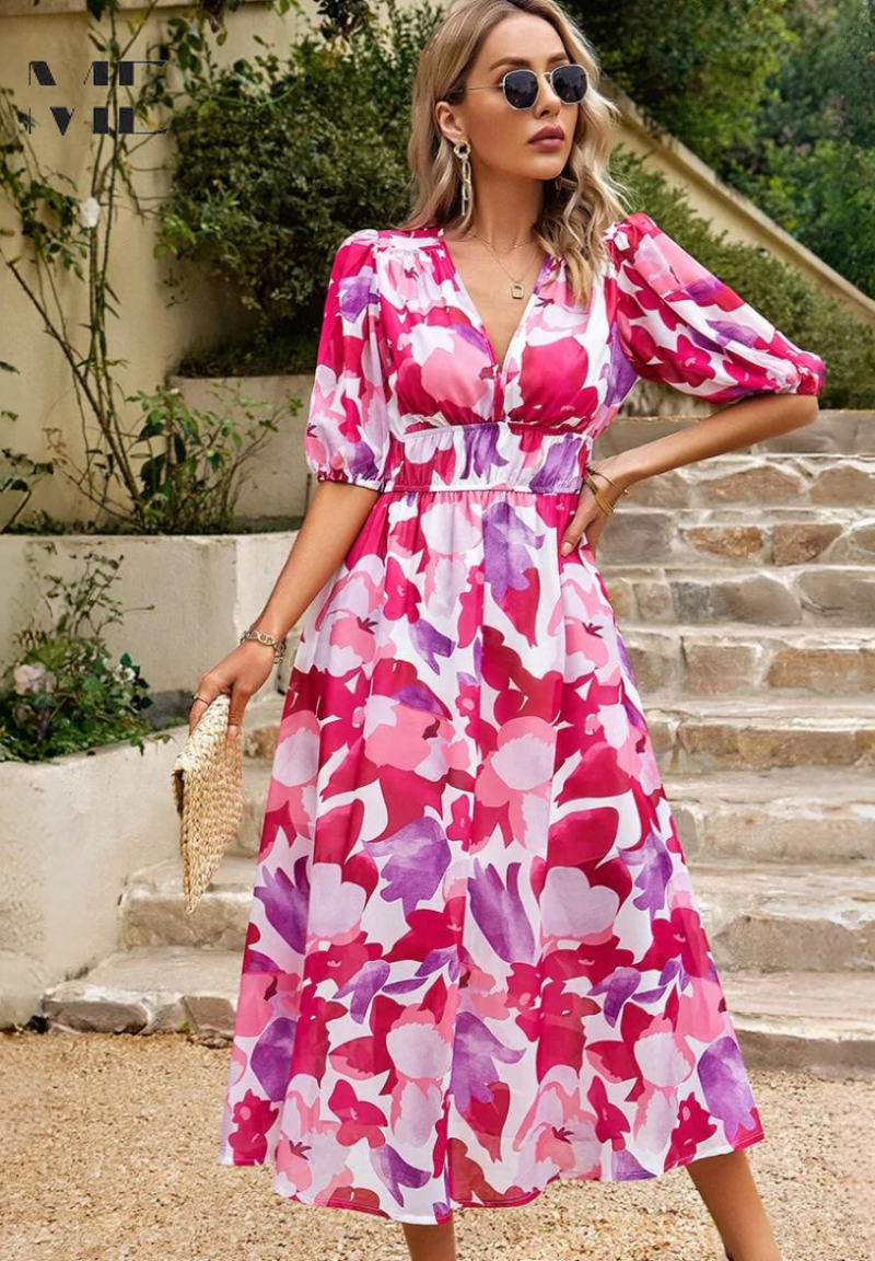 Floral Puff Sleeve Midi Dress | Women’s A-Line Occasion Dress | Steven & Levon