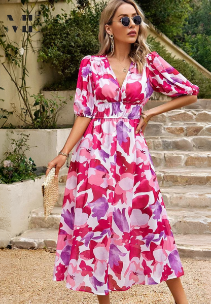 Floral Puff Sleeve Midi Dress | Women’s A-Line Occasion Dress | Steven & Levon