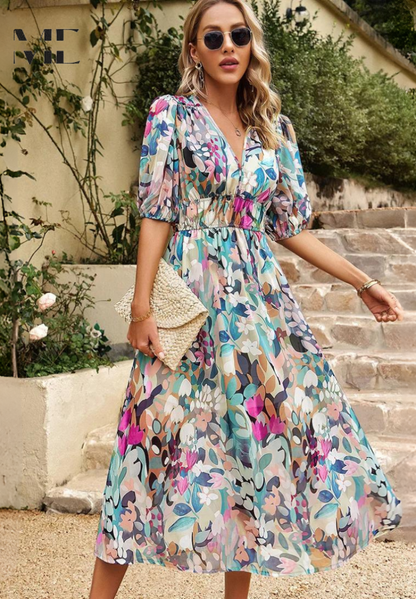 Floral Puff Sleeve Midi Dress | Women’s A-Line Occasion Dress | Steven & Levon