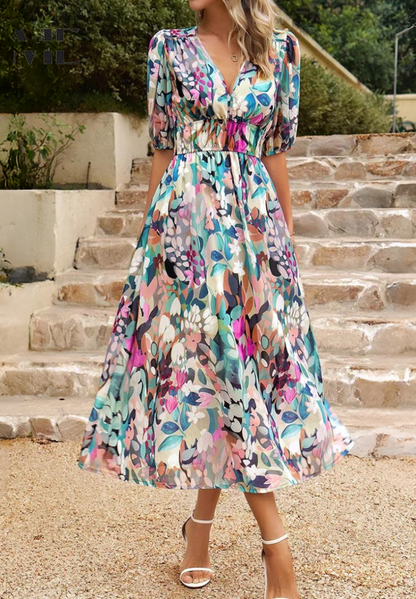 Floral Puff Sleeve Midi Dress | Women’s A-Line Occasion Dress | Steven & Levon