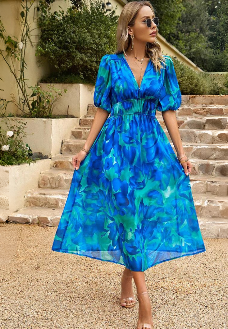 Floral Puff Sleeve Midi Dress | Women’s A-Line Occasion Dress | Steven & Levon