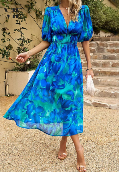 Floral Puff Sleeve Midi Dress | Women’s A-Line Occasion Dress | Steven & Levon