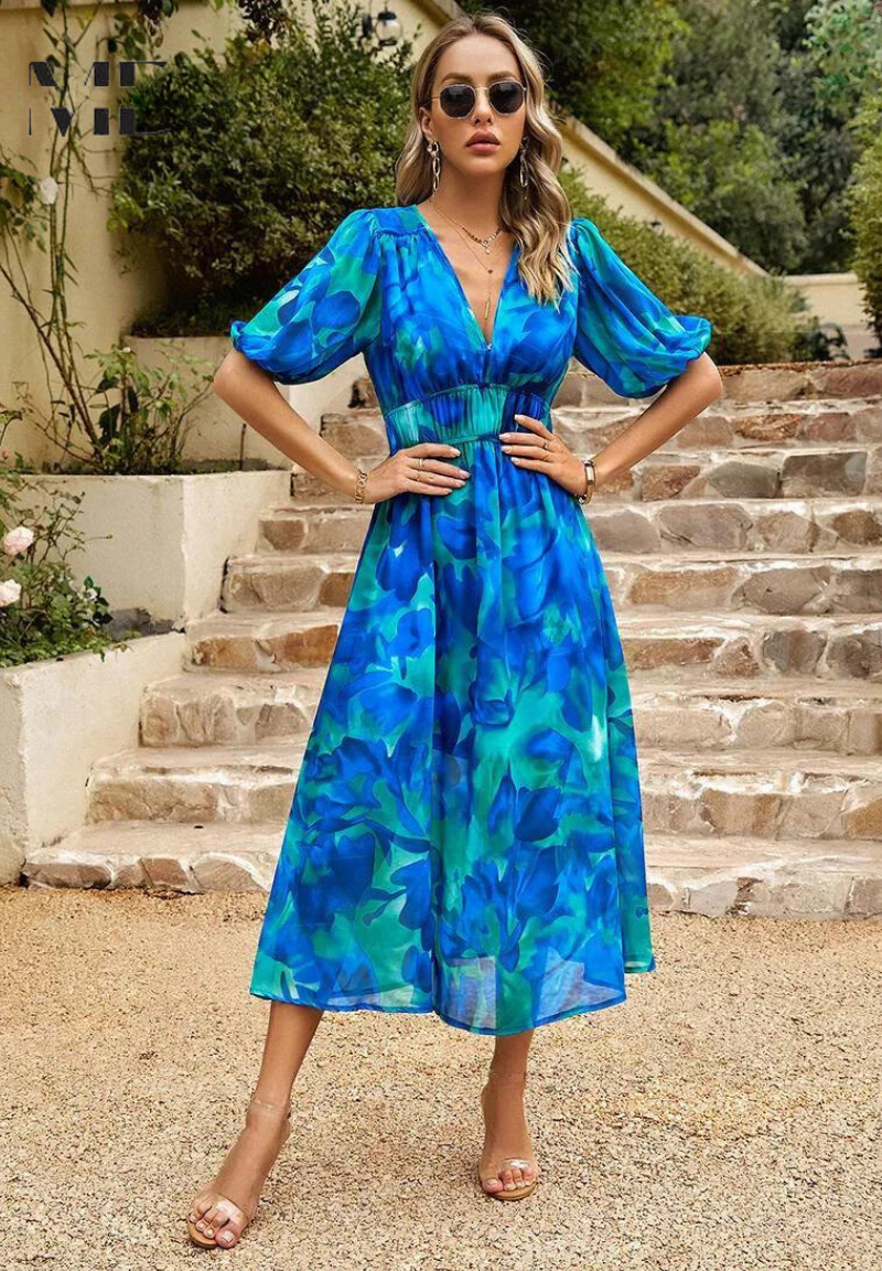 Floral Puff Sleeve Midi Dress | Women’s A-Line Occasion Dress | Steven & Levon