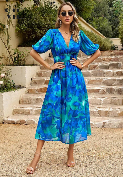 Floral Puff Sleeve Midi Dress | Women’s A-Line Occasion Dress | Steven & Levon