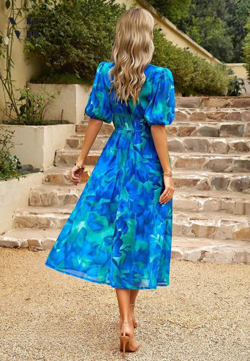 Floral Puff Sleeve Midi Dress | Women’s A-Line Occasion Dress | Steven & Levon