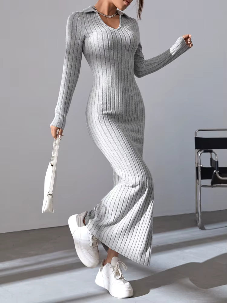 Women's Ribbed Maxi Dress | V-Neck | Long Sleeve | Split Hem | Grey | Winter | Steven & Levon