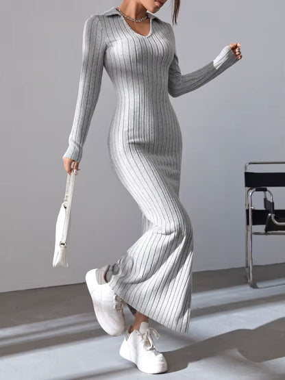 Women's Ribbed Maxi Dress | V-Neck | Long Sleeve | Split Hem | Grey | Winter | Steven & Levon