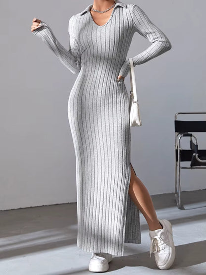 Women's Ribbed Maxi Dress | V-Neck | Long Sleeve | Split Hem | Grey | Winter | Steven & Levon