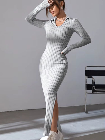 Women's Ribbed Maxi Dress | V-Neck | Long Sleeve | Split Hem | Grey | Winter | Steven & Levon