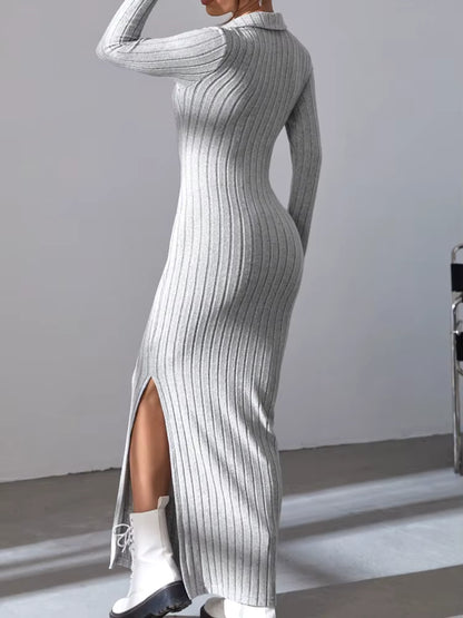Women's Ribbed Maxi Dress | V-Neck | Long Sleeve | Split Hem | Grey | Winter | Steven & Levon