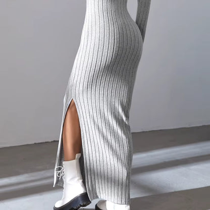 Women's Ribbed Maxi Dress | V-Neck | Long Sleeve | Split Hem | Grey | Winter | Steven & Levon