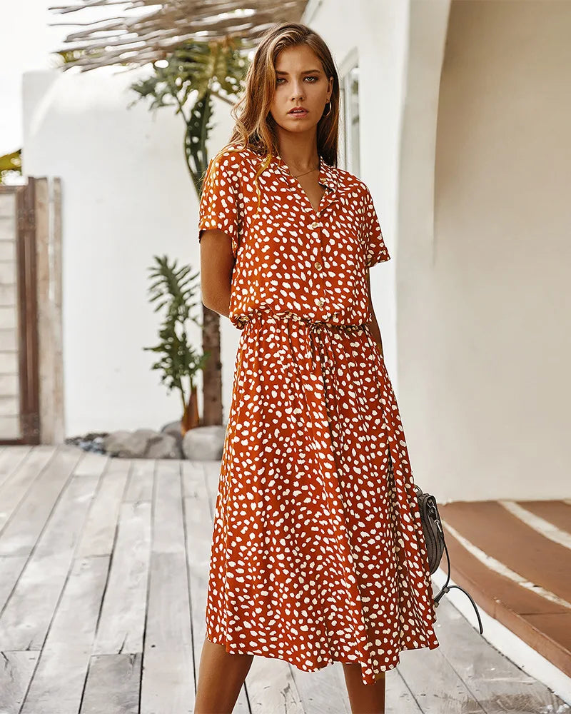 Boho Midi Dress | Women | Soft Breathable Fabric | Turn Down Collar & Short Sleeves | Steven & Levon