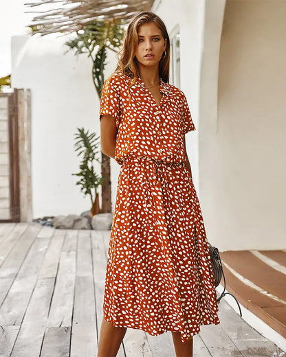 Boho Midi Dress | Women | Soft Breathable Fabric | Turn Down Collar & Short Sleeves | Steven & Levon