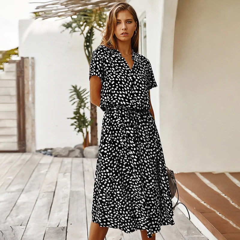 Boho Midi Dress | Women | Soft Breathable Fabric | Turn Down Collar & Short Sleeves | Steven & Levon