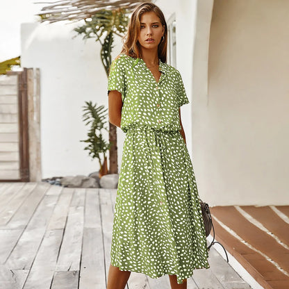 Boho Midi Dress | Women | Soft Breathable Fabric | Turn Down Collar & Short Sleeves | Steven & Levon