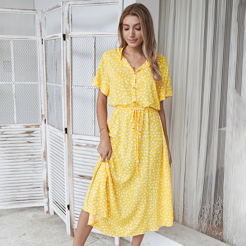Boho Midi Dress | Women | Soft Breathable Fabric | Turn Down Collar & Short Sleeves | Steven & Levon