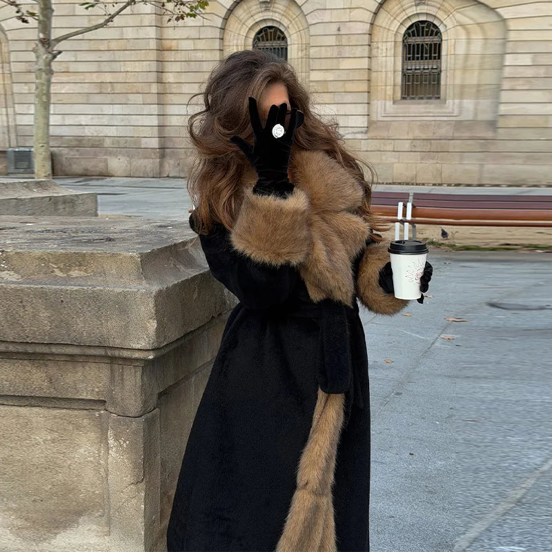 Women's Vintage Wool Coat | Faux Fur | V-Neck Lace-Up | Winter Outerwear | Steven & Levon