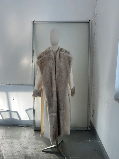 Women's Vintage Wool Coat | Faux Fur | V-Neck Lace-Up | Winter Outerwear | Steven & Levon