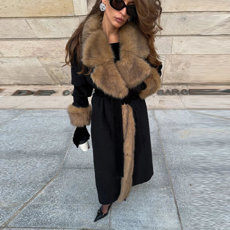 Women's Vintage Wool Coat | Faux Fur | V-Neck Lace-Up | Winter Outerwear | Steven & Levon