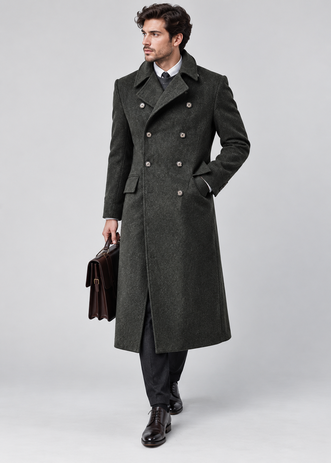 Green Wool Blend Double Breasted Coat | Men Peacoat | Warm England Style Winter | Steven & Levon