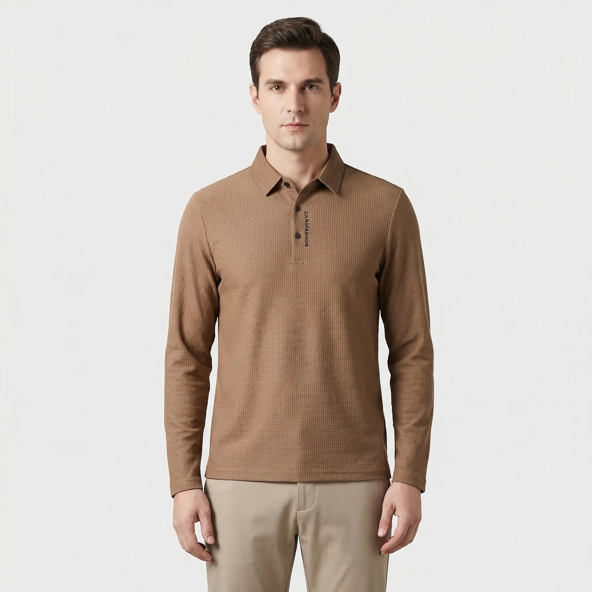 Wafflonix - Long Sleeve Waffle Texture Polo Shirt  Casual Everyday Wear