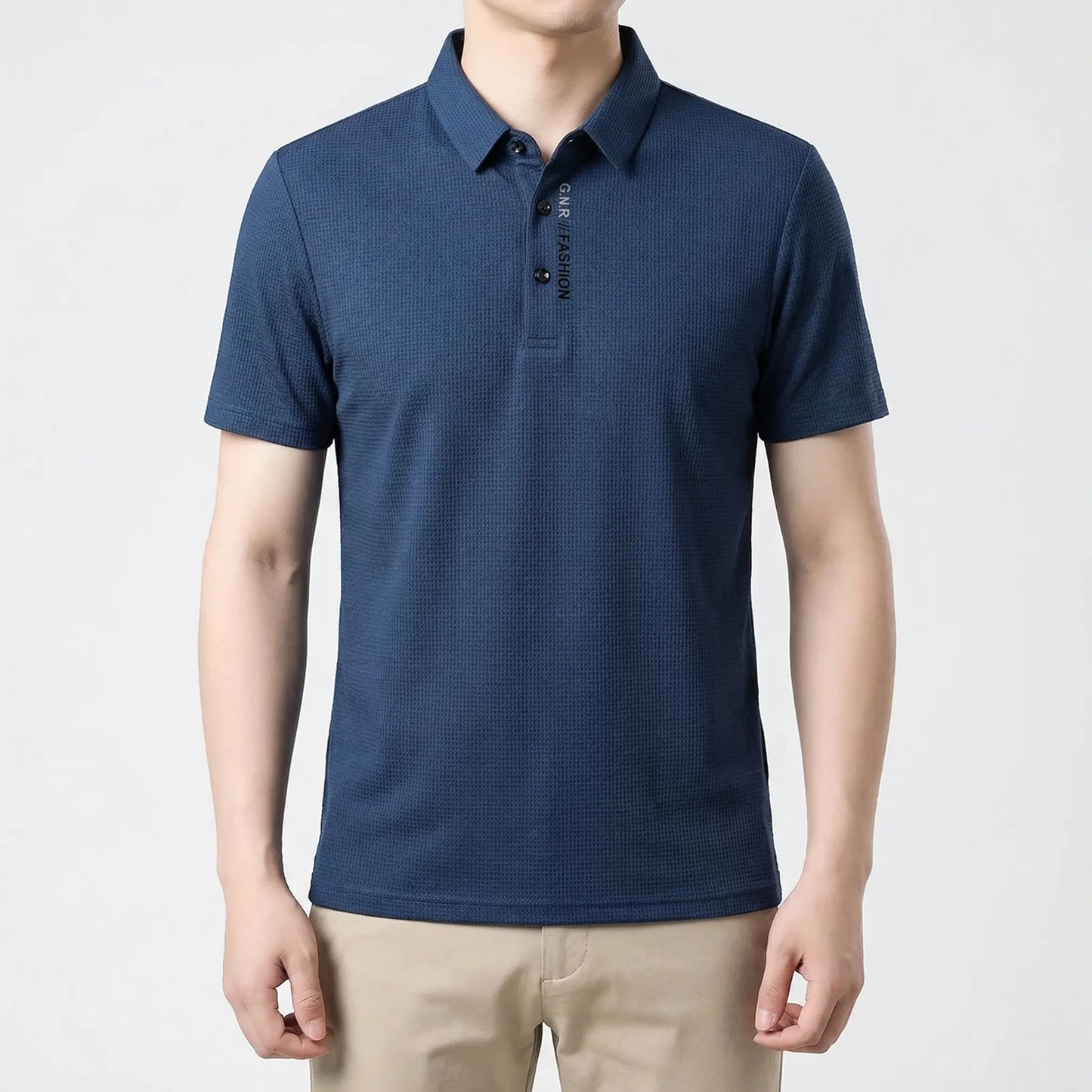 Wafflonix - Long Sleeve Waffle Texture Polo Shirt  Casual Everyday Wear