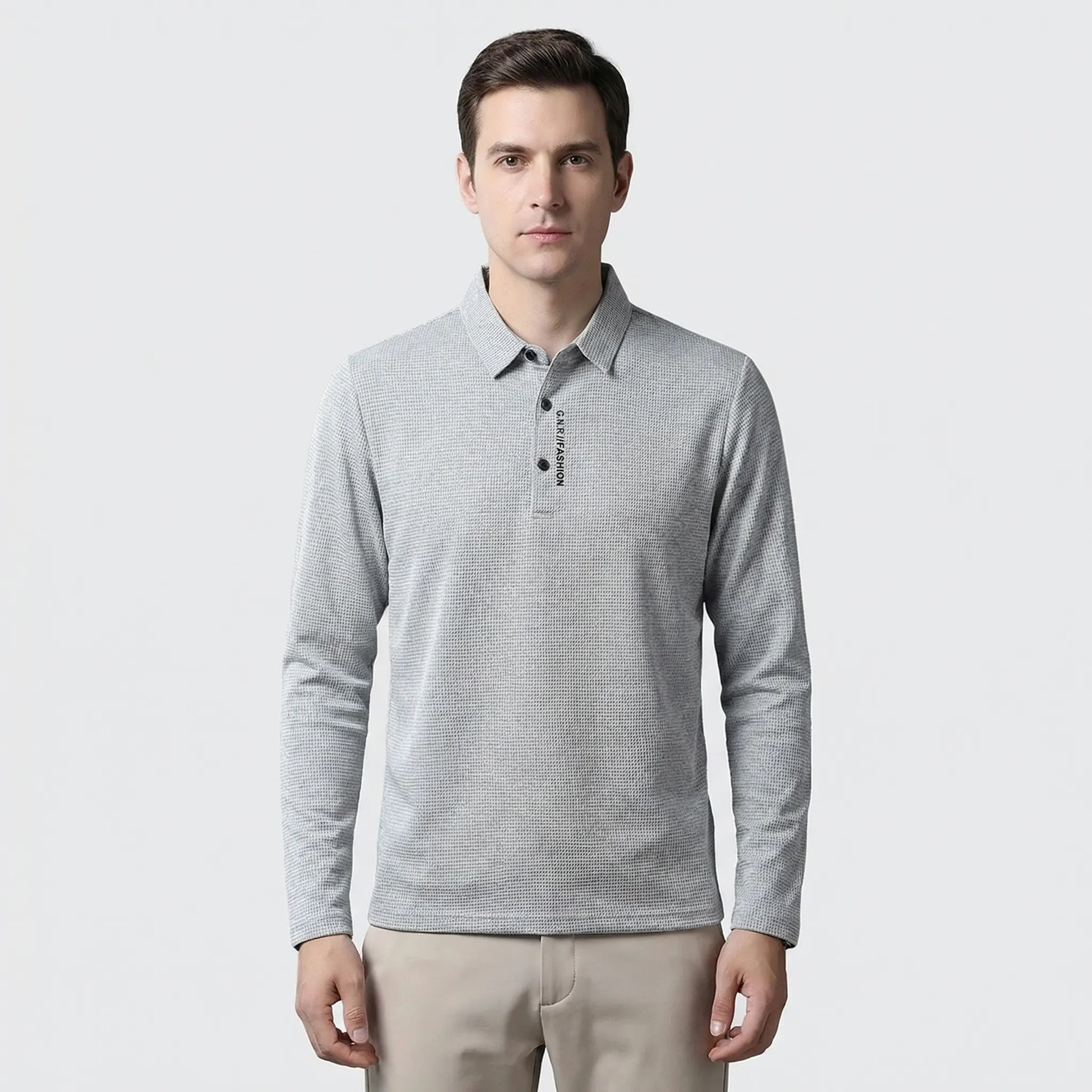 Wafflonix - Long Sleeve Waffle Texture Polo Shirt  Casual Everyday Wear